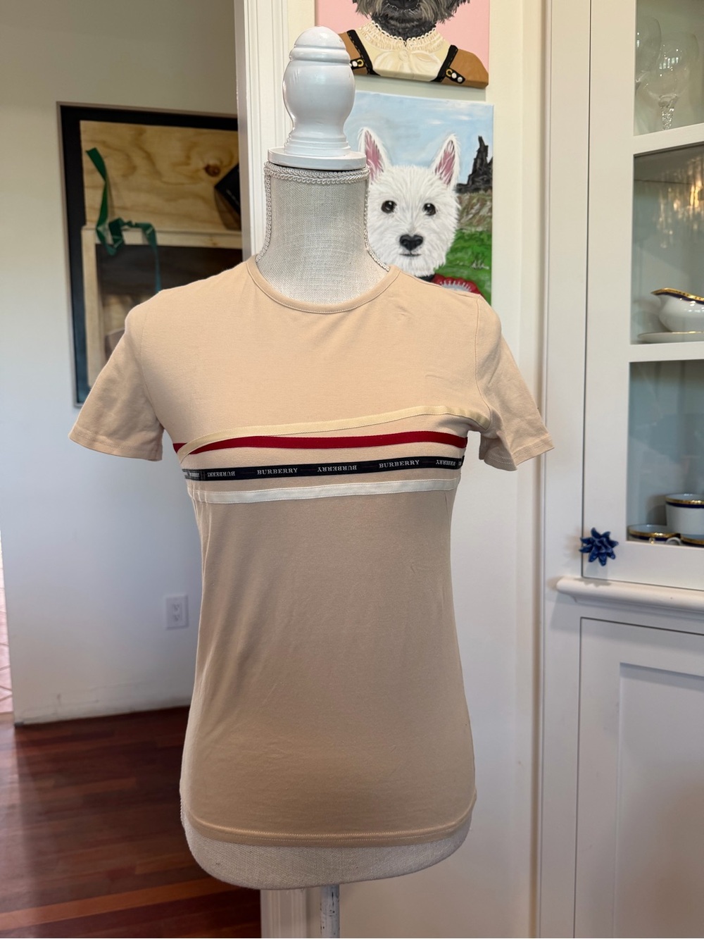 Burberry Beige Short Sleeve Tee with Red and Black Stripe